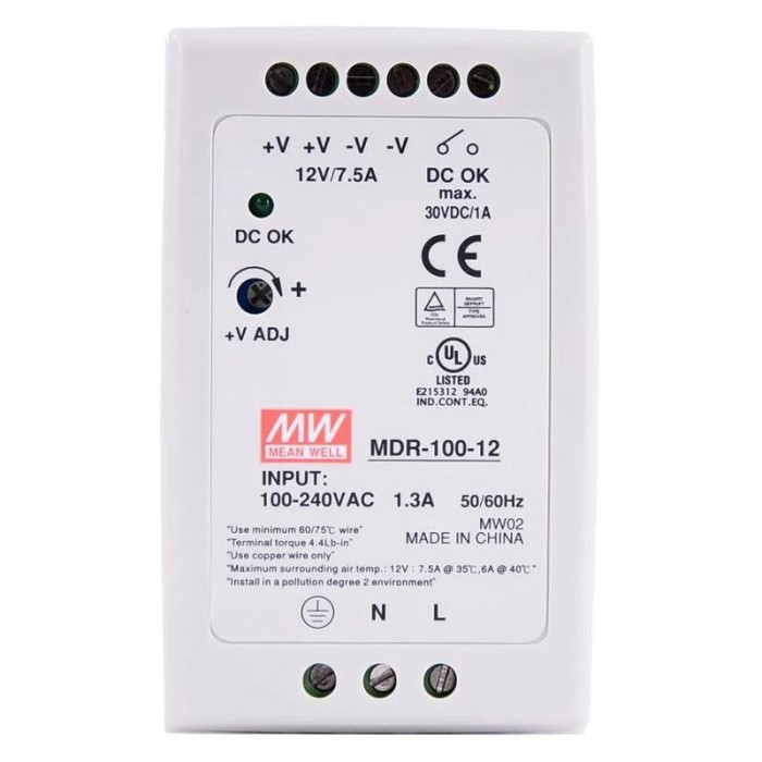 Mean Well MDR-100-12 100W 12VDC 7.5A 115/230VAC DIN Rail Power Supply
