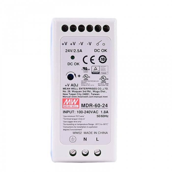 Mean Well MDR-60-24 60W 24VDC 2.5A 115/230VAC DIN Rail Power Supply