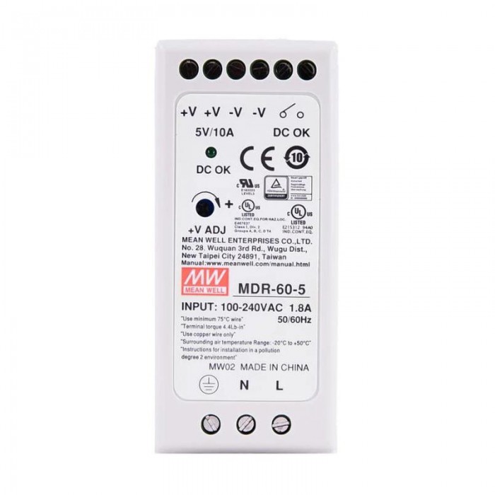 Mean Well MDR-60-5 CNC Power Supply 60W 5VDC 10A 115/230VAC DIN Rail Power Supply