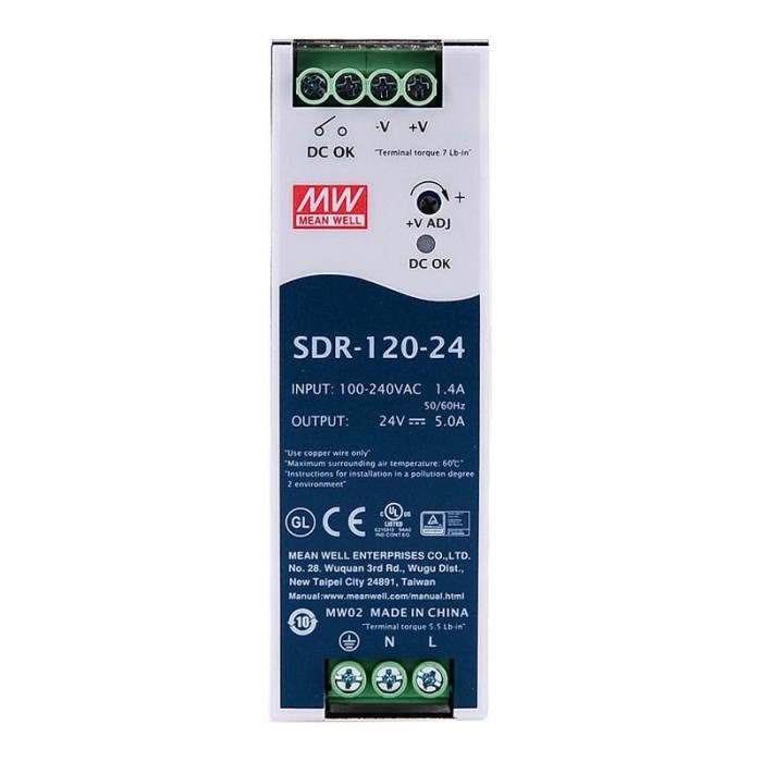 Mean Well SDR-120-24 CNC Power Supply 120W 24VDC 5A 115/230VAC with PFC Function DIN Rail Power Supply