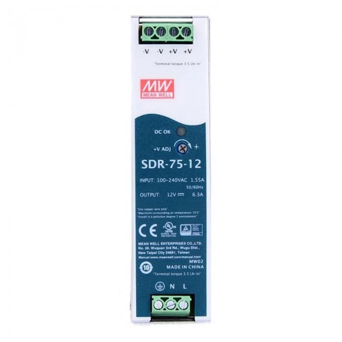 Meanwell SDR-75-12 Switching Power Supply 75.6W 12VDC 6.3A 115/230VAC DIN Rail Power Supply