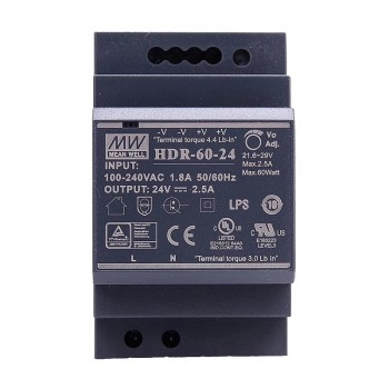 Mean Well HDR-60-24 60W 24VDC 2.5A 115/230VAC Ultra Slim Step Shape DIN Rail Power Supply