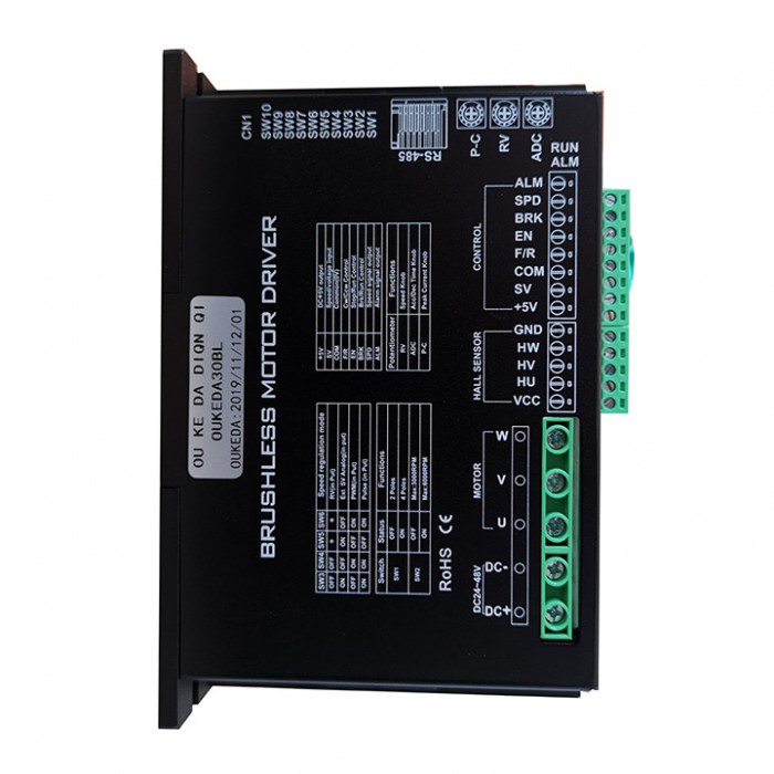 Oukeda Brushless DC Motor Driver Controller 24-48V 30A 850W for Φ60mm/80mm/86mm BLDC Motor