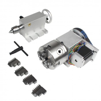 CNC Engraving Machine Rotary 4th Axis 100mm 4jaw lathe chuck 6:1 Tailstock with Stepper Motor Kit