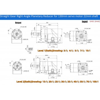 PVE120 Right Angle Planetary Gearbox Speed Reducer Fit 110mm/130mm Servo Motor 19/22/24mm Input