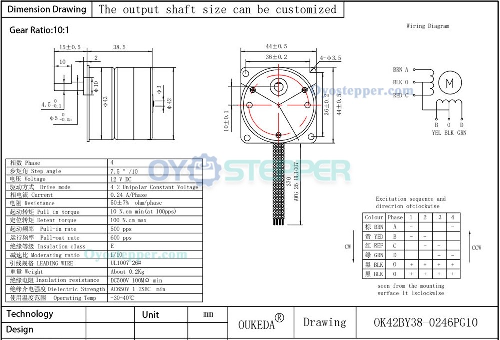 Oukeda Permanent Magnet PM Stepper Motor with 10:1/30:1/50:1/75:1/120:1 Gearbox 7.5 Deg 24V 4 Phase