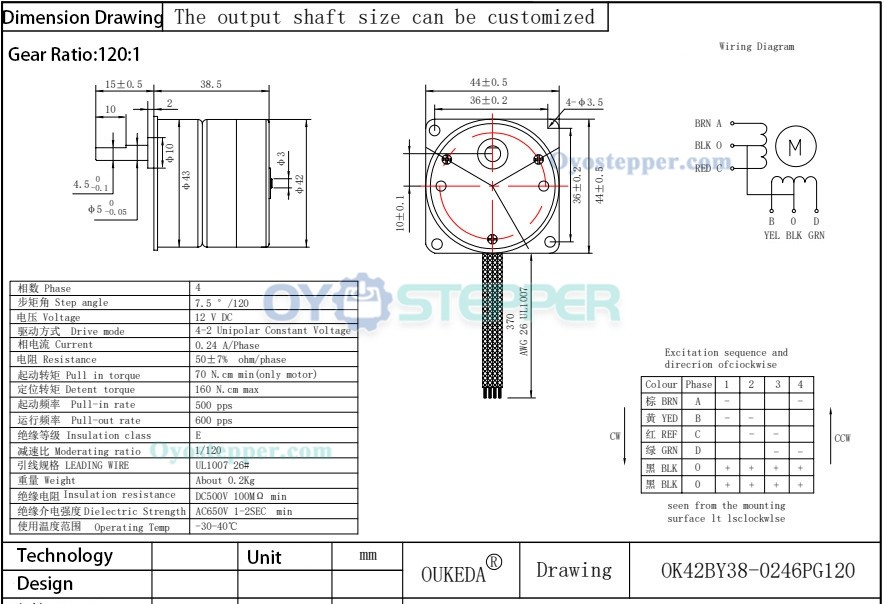 Oukeda Permanent Magnet PM Stepper Motor with 10:1/30:1/50:1/75:1/120:1 Gearbox 7.5 Deg 24V 4 Phase