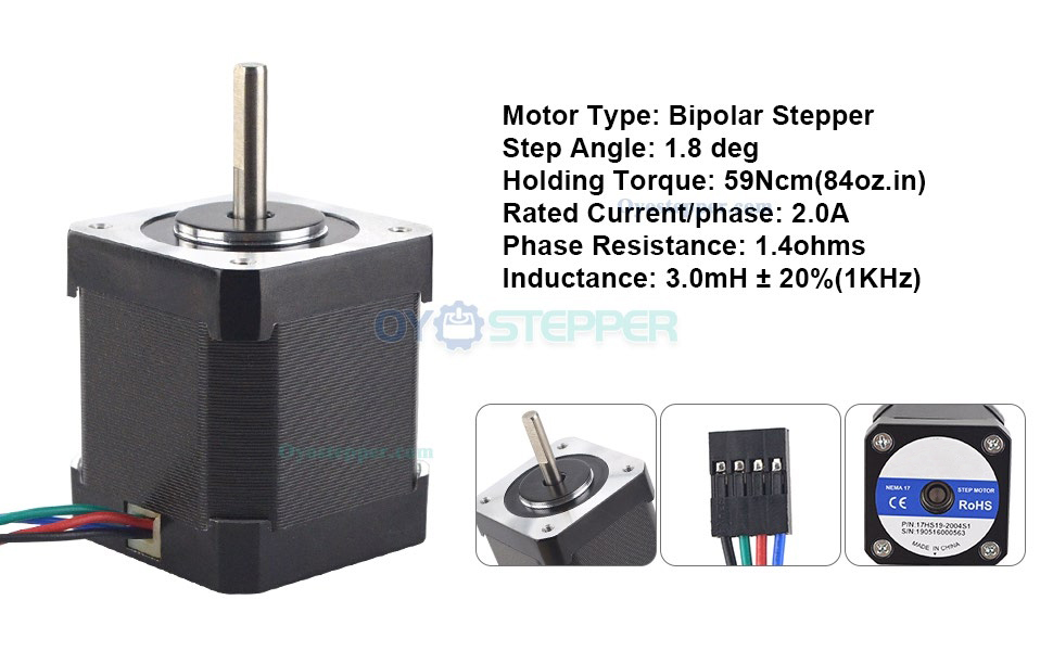 3 PCS Nema 17 Stepper Motor Bipolar 2 Phase 2.8V 59Ncm (84oz.in) 2A 42x48mm 4Wires with 1m Cable & Connector(17HS19-2004S1)