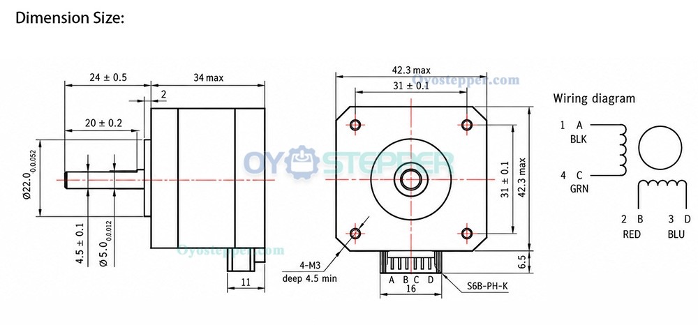 OUKEDA NEMA 17 Stepper Motor 2 Phase 1.8° 28Ncm D-cut 0.4A 12V 42 × 42mm