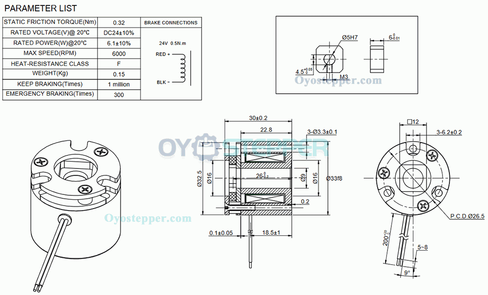 Non-excited DC Electromagnetic Brake 24VDC 0.32Nm (45oz.in) for Nema 14 Stepper Motor