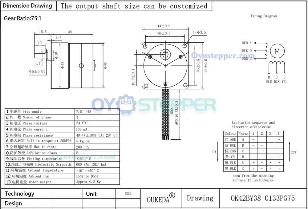 Oukeda Permanent Magnet PM Stepper Motor with 10:1/30:1/50:1/75:1/120:1 Gearbox 7.5 Deg 24V 4 Phase