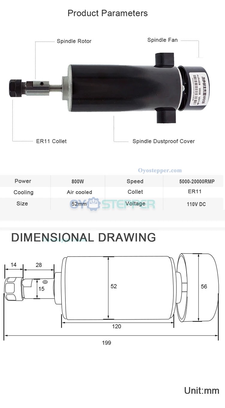 800W CNC Spindle Motor Kit Air Cooled ER11 Chuck Spindle Speed Power 52mm Clamp 800W CNC Spindle Motor Kit Air Cooled ER11 Chuck Spindle Speed Power 52mm Clamp