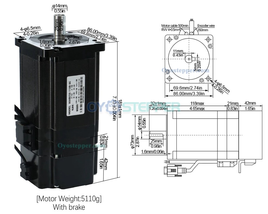 Nema 34 Close Loop Stepper Motor 1.8Deg 8N.m (1143oz.in)& HBS86 Driver Kit With Brake