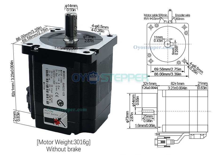 Nema 34 Close Loop Stepper Motor Kit 1.8deg 4.5N.m (643Oz.in) Without Brake & HBS86 Driver