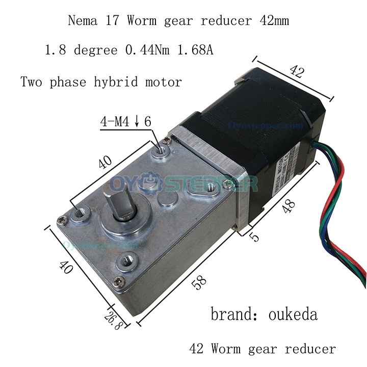 Oukeda Nema 17 Worm Gearbox Stepper Motor 17:1/30:1/50:1/75:1/100:1/290:1/500:1 1.8 Deg 44Ncm 1.68A 2 Phase