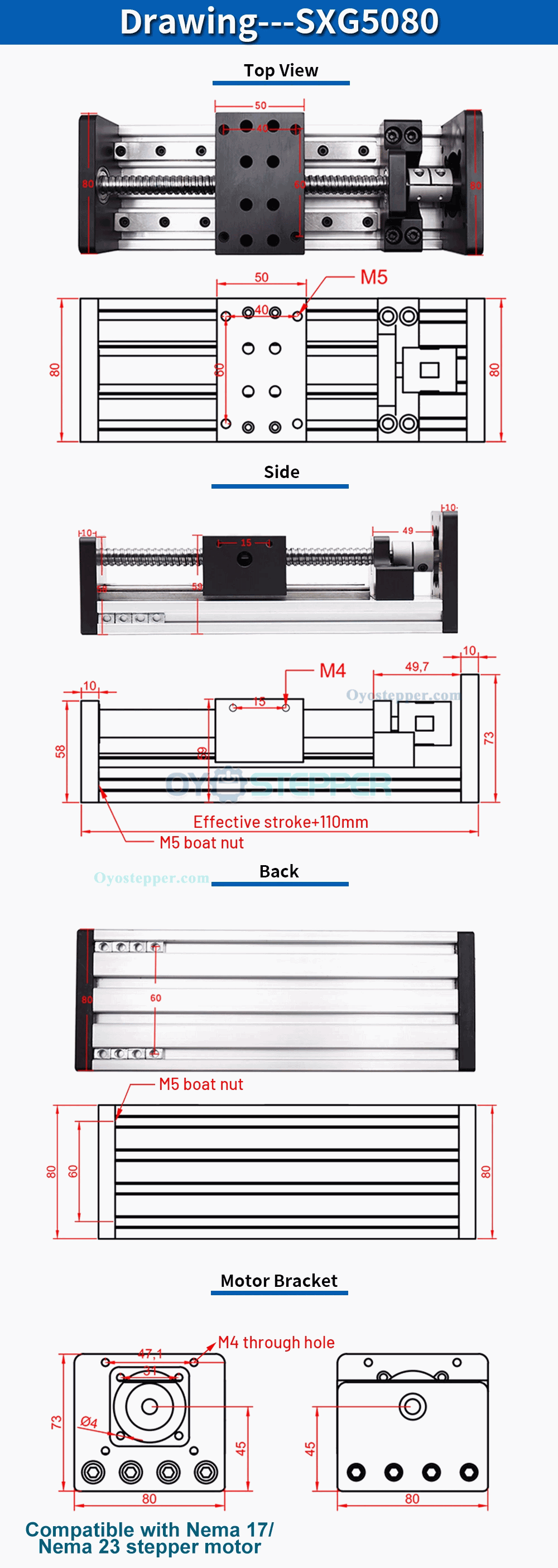 Motorized Ballscrew Linear Slide Fit Nema 17 / Nema 23 Stepper Motors CNC Linear Motion Stage Motorized Ballscrew Linear Slide Fit Nema 17 / Nema 23 Stepper Motors CNC Linear Motion Stage