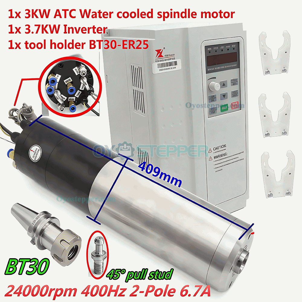 3KW BT30 220V 100mm ATC Water Cooled Spindle Motor 24000rpm 400Hz with VFD Frequency Inverter Kit