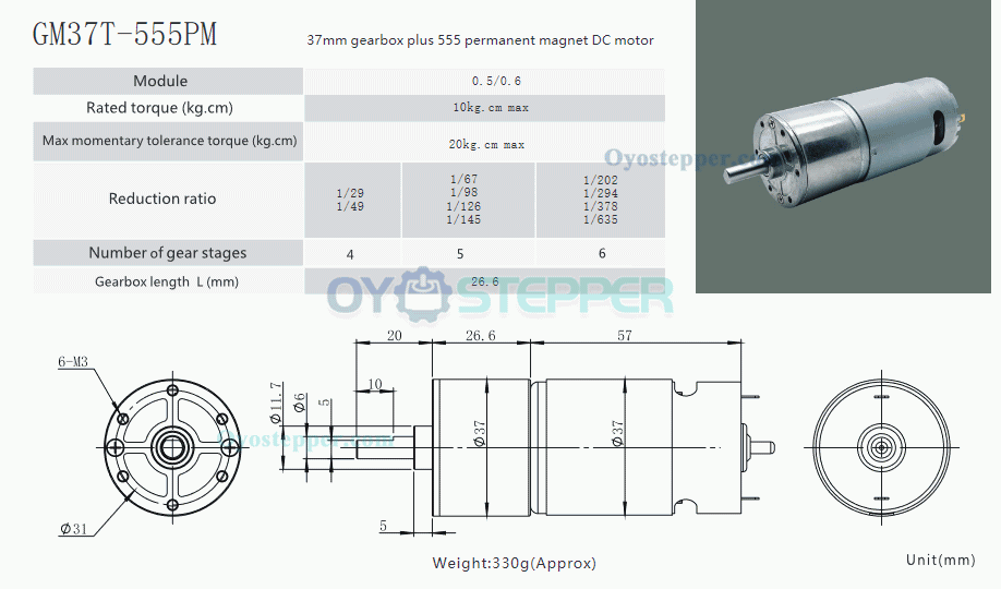 12V 24V Brushed DC Gear Motor Reduction DC Motor 10kg.cm 37*57mm