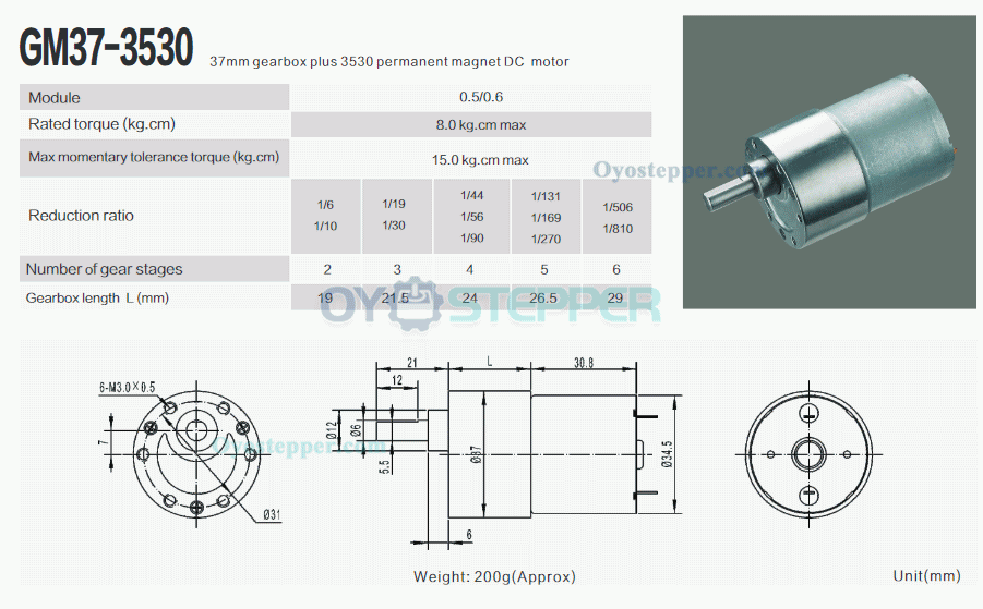 12V 24V Brushed DC Gear Motor Reduction DC Motor 8kg.cm 34.5*30.8mm