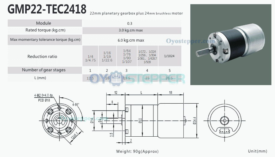 2Pcs Φ22mm 12V/24V Brushless DC Gearmotor GMP22-TEC2418 3.0kg.cm 1.54w With Planetary Gearbox