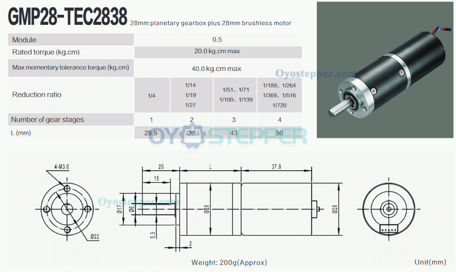 12V 24V Brushless DC Motor BLDC Gear Motor Planetary Gearbox 20kg.cm 20mm Diameter