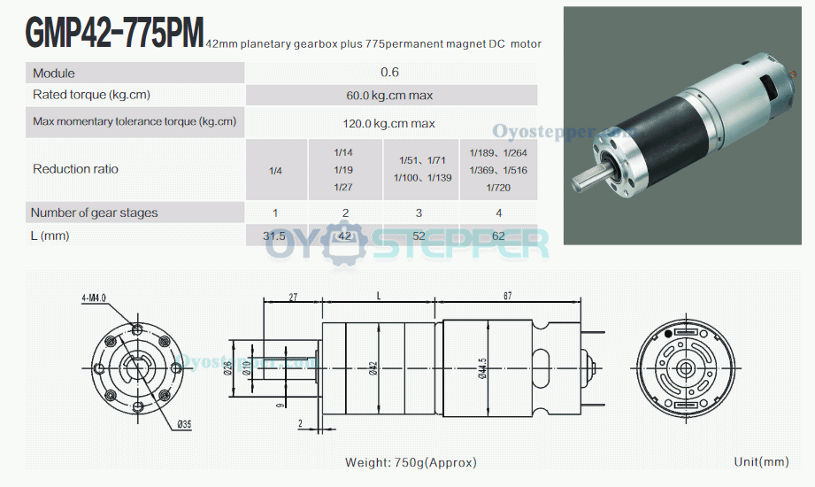 12V 24V Brushed DC Geared Motor with Planetary Gearbox 60kg.cm