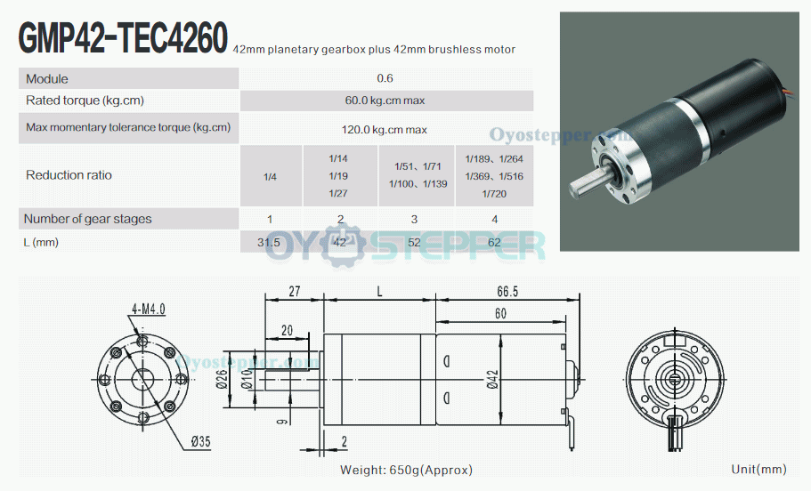 12V 24V Brushless DC Motor High Torque PM Gear Motor Planetary Gearbox 60kg.cm 42mm Diameter