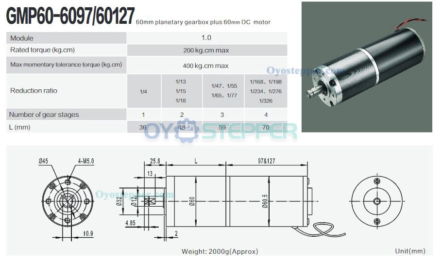 24V High Torque Brushed DC Geared Motor with Planetary Gearbox 10kg.cm