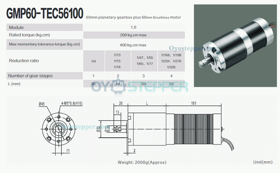 2Pcs Φ60mm 12V/24V Brushless DC Gearmotor GMP60-TEC56100 200kg.cm 18-132W With Planetary Gearbox