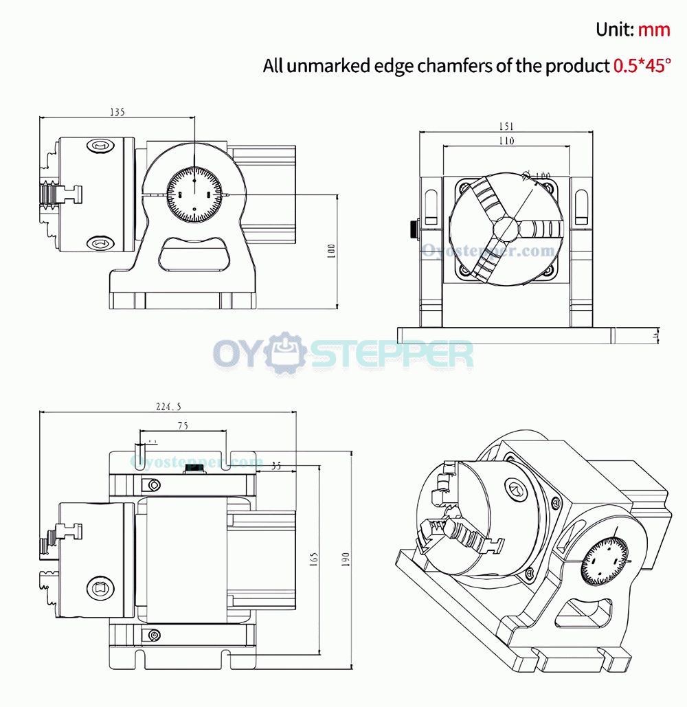 4th Axis 10:1 CNC Rotary Indexing Head with 100mm Chuck and 3 Jaw Chuck with Nema34 Stepper Motor