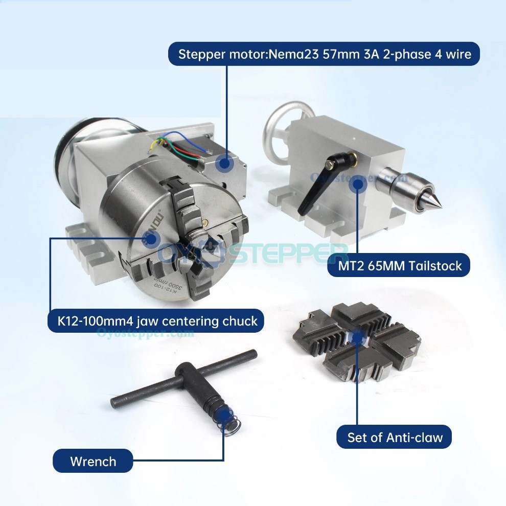 CNC Engraving Machine Rotary 4th Axis 100mm 4jaw lathe chuck 6:1 Tailstock with Stepper Motor Kit CNC Engraving Machine Rotary 4th Axis 100mm 4jaw lathe chuck 6:1 Tailstock with Stepper Motor Kit