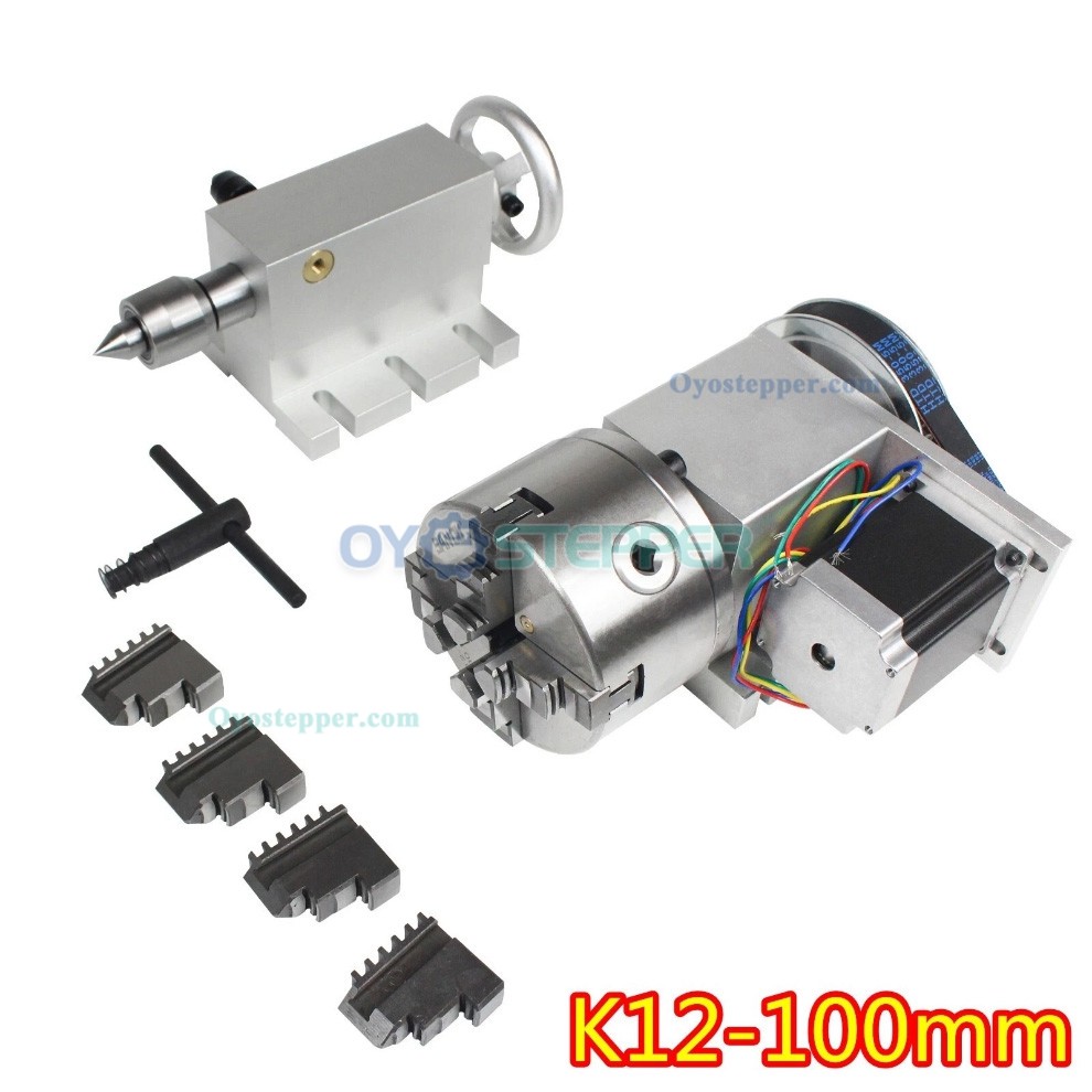 CNC Engraving Machine Rotary 4th Axis 100mm 4jaw lathe chuck 6:1 Tailstock with Stepper Motor Kit CNC Engraving Machine Rotary 4th Axis 100mm 4jaw lathe chuck 6:1 Tailstock with Stepper Motor Kit