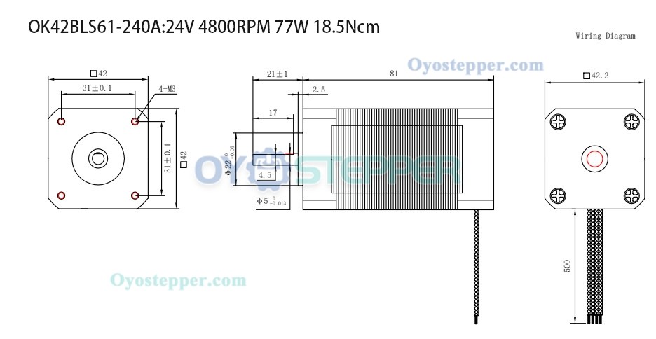 Oukeda Brushless DC Motor 24V 6.25Ncm-18.5Ncm 1500RPM/4000RPM 3 Phase Φ42mm Keyway