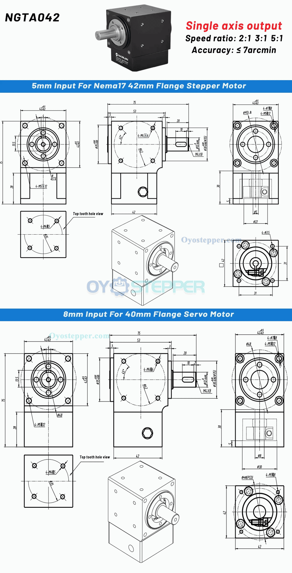 NEMA 17 Right Angle Steering Bevel Gearbox 2:1/3:1/5:1 Right Angle Commutator 90 Degree 5mm / 8mm Input NEMA 17 Right Angle Steering Bevel Gearbox 2:1/3:1/5:1 Right Angle Commutator 90 Degree 5mm / 8mm Input