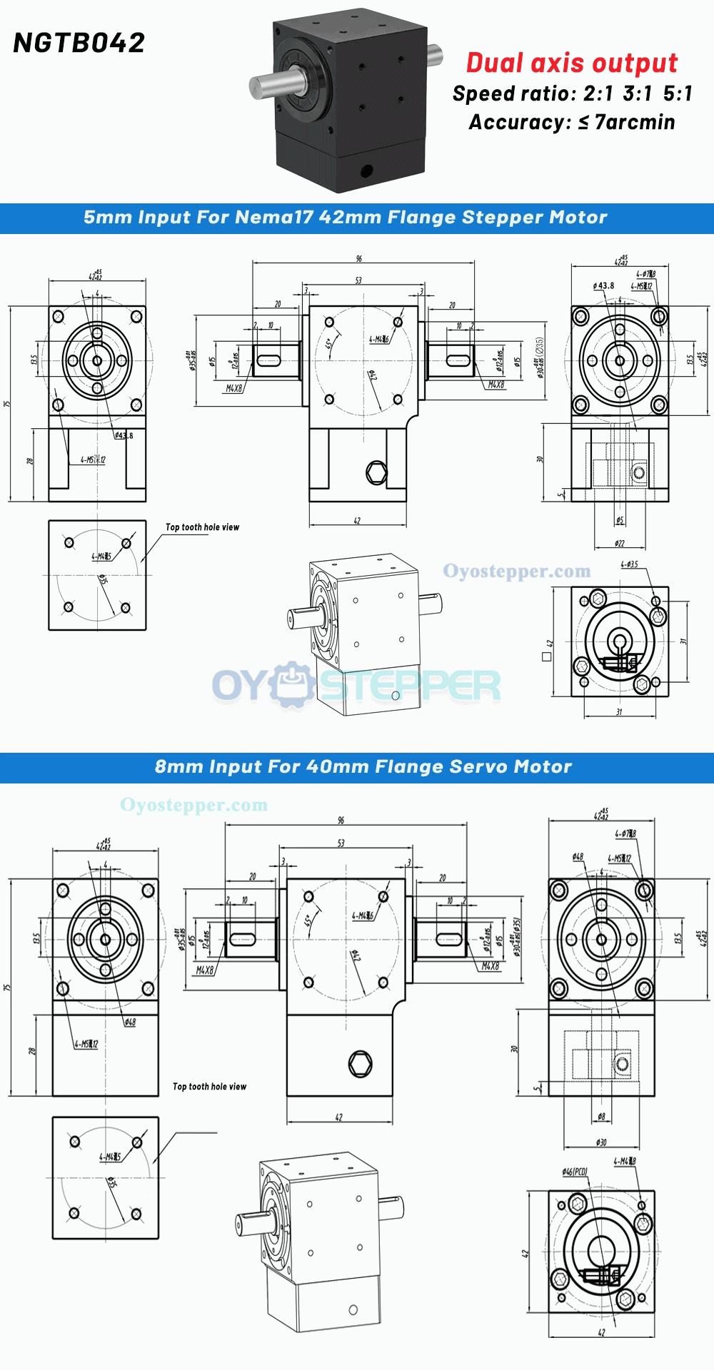 NEMA 17 Right Angle Steering Bevel Gearbox 2:1/3:1/5:1 Right Angle Commutator 90 Degree 5mm / 8mm Input NEMA 17 Right Angle Steering Bevel Gearbox 2:1/3:1/5:1 Right Angle Commutator 90 Degree 5mm / 8mm Input