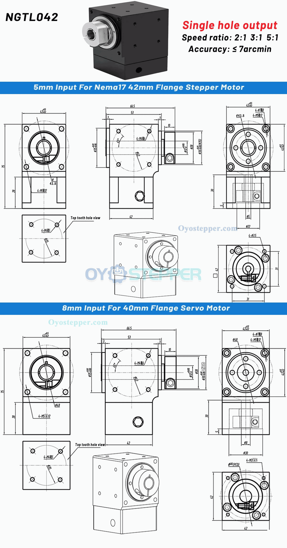 NEMA 17 Right Angle Steering Bevel Gearbox 2:1/3:1/5:1 Right Angle Commutator 90 Degree 5mm / 8mm Input NEMA 17 Right Angle Steering Bevel Gearbox 2:1/3:1/5:1 Right Angle Commutator 90 Degree 5mm / 8mm Input