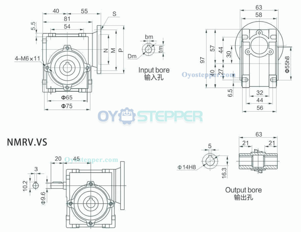 Round NMRV030 Worm Gear Speed Reducer Ratio 5:1 to 100:1 Input 9mm 11mm Output 14mm