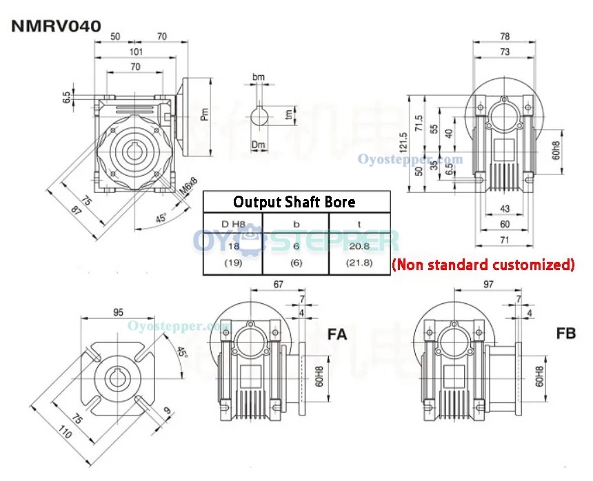 Round NMRV040 Worm Speed Reducer Ratio 5:1 80:1 Input 9mm/11mm/14mm Output 18mm