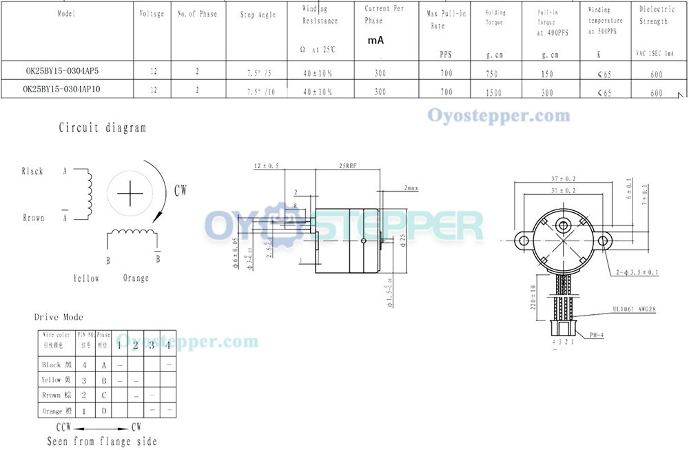 Oukeda Permanent Magnet PM Stepper Motor with Gearbox 5:1 /10:1 7.5 Deg 12V 2 Phase Φ25 mm