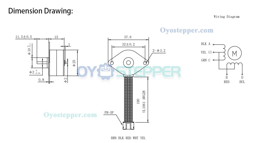 Oukeda PM25 Permanent Magnet Stepper Motor 2 Phase 1.8 Deg 1A 12Ncm 36.5x36.5mm