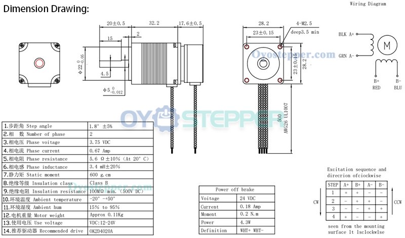 NEMA11 Stepper Motor with Brake 1.8 Deg 5.88Ncm 3.75V 0.67A 28 x 28mm 2 Phase D-Cut
