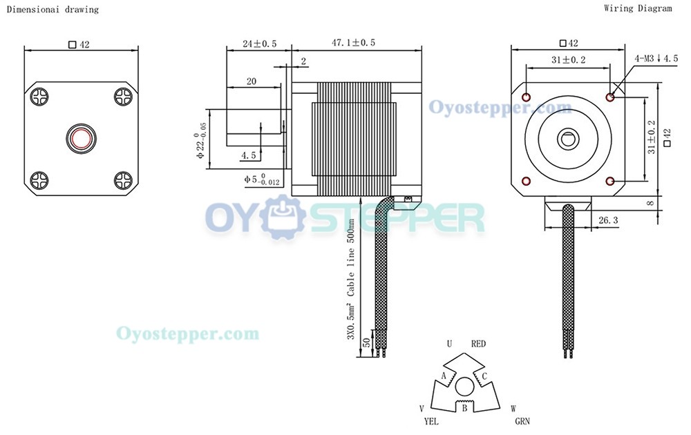 Oukeda NEMA 17 Stepper Motor 1.2 Deg 32Ncm 3 Phase 1.5A 5.4VDC D-cut 42X42mm