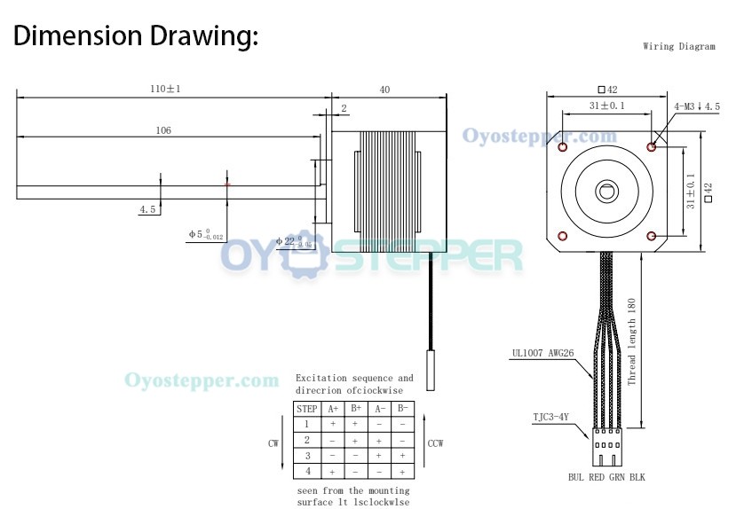 Oukeda Nema 17 Non-captive Stepper Motor 1.8 deg 49Ncm(69.38 oz.in) 40mm Stack Lead Screw 110mm