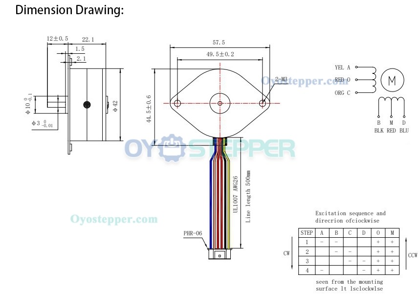 Oukeda PM42 Permanent Magnet Stepper Motor 7.5 Deg 4.90 Ncm φ42PM 12V 6 Wires
