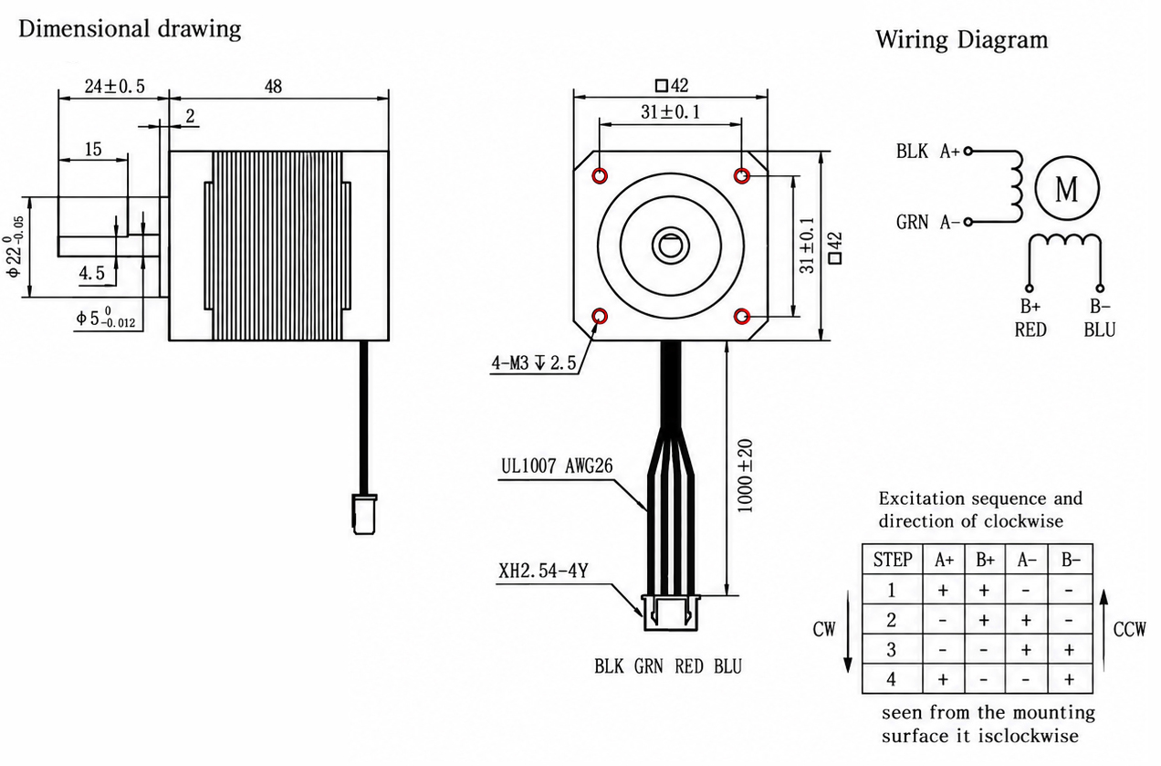 NEMA 17 Stepper Motor for Voron 2.4 Printer 42×48mm 1.8° 2-Phase 2.0A 0.59N·m 4-Wires