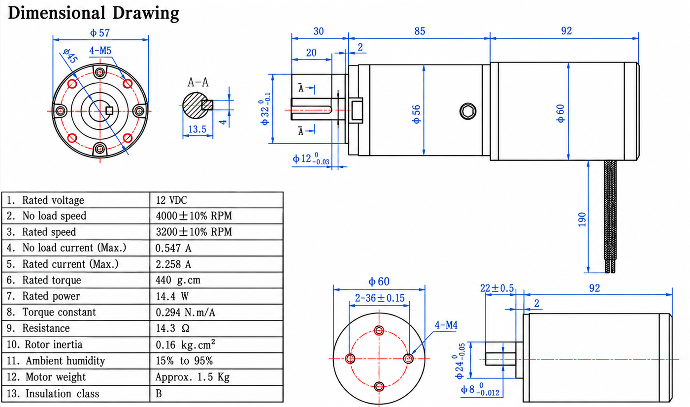 OUKEDA Brushed DC Motor with Gearbox 168:1 4.3Ncm 12V 15W 3200RPM