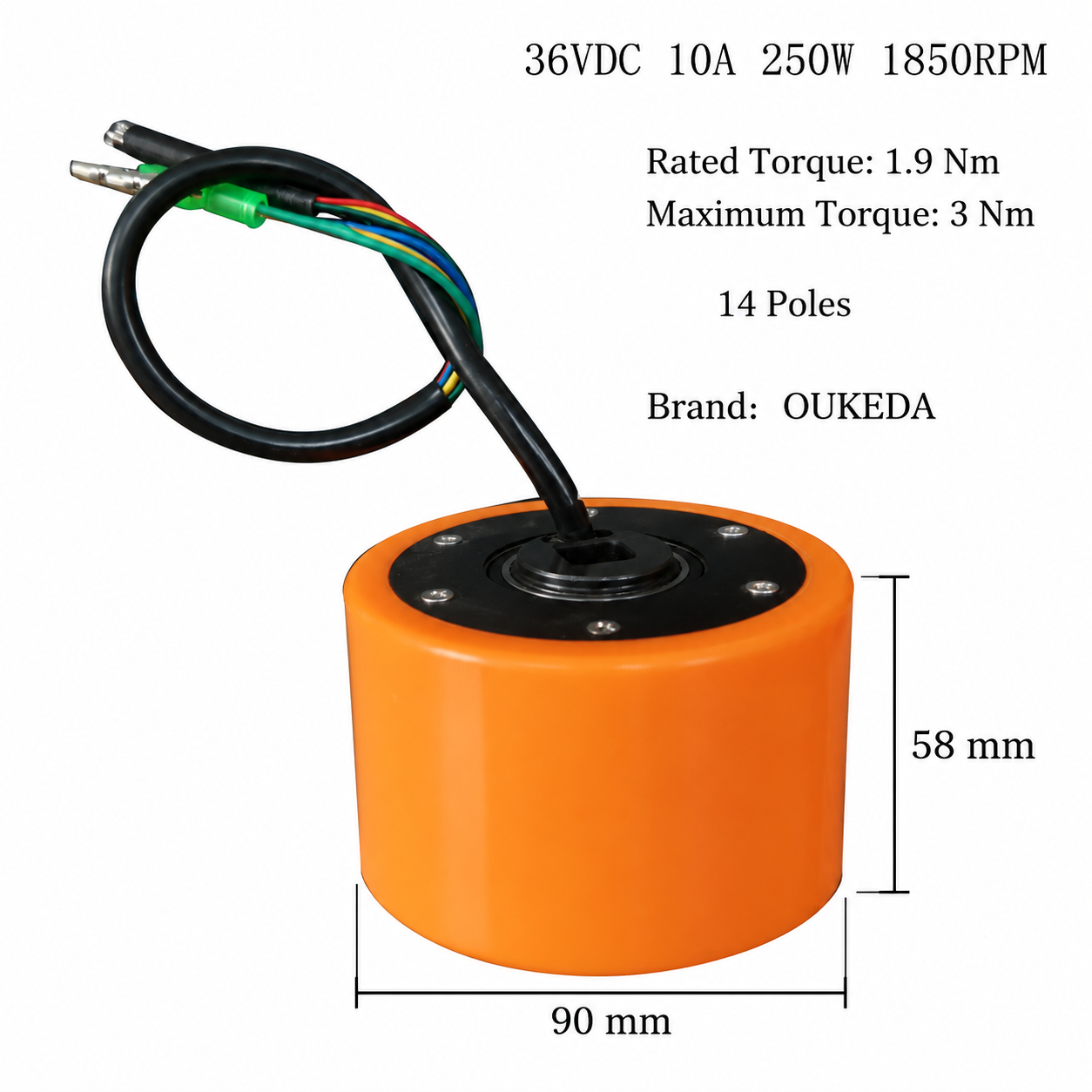 OUKEDA 90mm Sensored Brushless DC Hub Motor 36V 250W 10A 1850RPM 1.9Nm for Electric Scooter