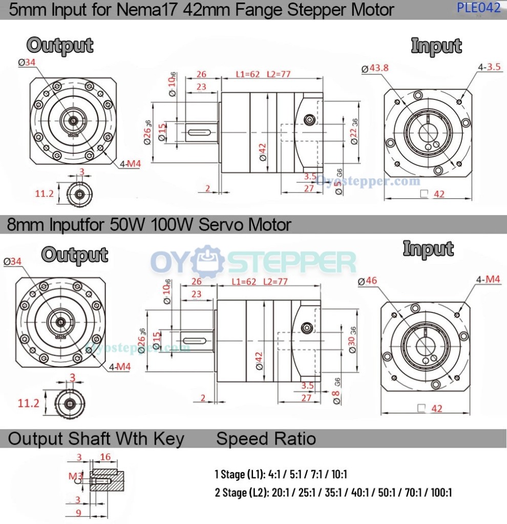 PLE042 Round Planetary Gearbox Reducer for NEMA17 42mm Stepper Motor / 40mm Servo Motor 50W 100W PLE042 Round Planetary Gearbox Reducer for NEMA17 42mm Stepper Motor / 40mm Servo Motor 50W 100W