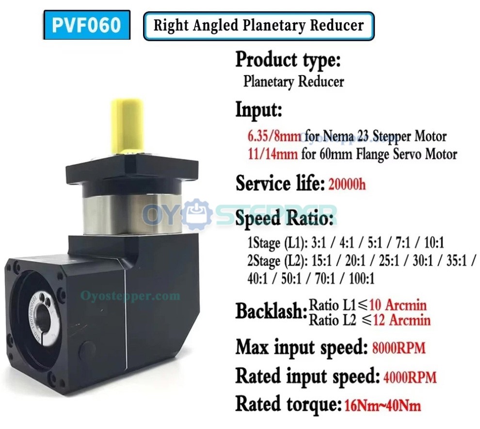 PVF060 90 Degree Planetary Gearbox Right Angle Planetary Reducer Fit Nema 23 Stepper / 60mm Servo Motor PVF060 90 Degree Planetary Gearbox Right Angle Planetary Reducer Fit Nema 23 Stepper / 60mm Servo Motor