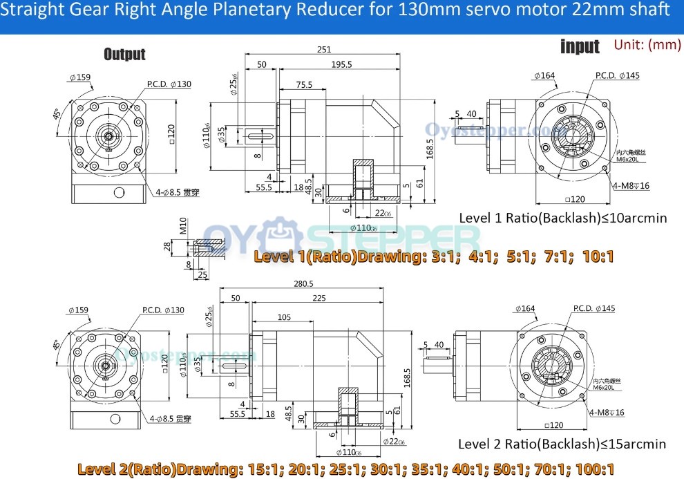 PVF120 Square Right Angle Planetary Gearbox for Nema 42 Stepper /100-130mm Servo Motor 19mm 24mm input